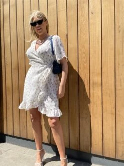 Glamorous Green-Pink Ditsy Wrap Ruffle Mini-Dress