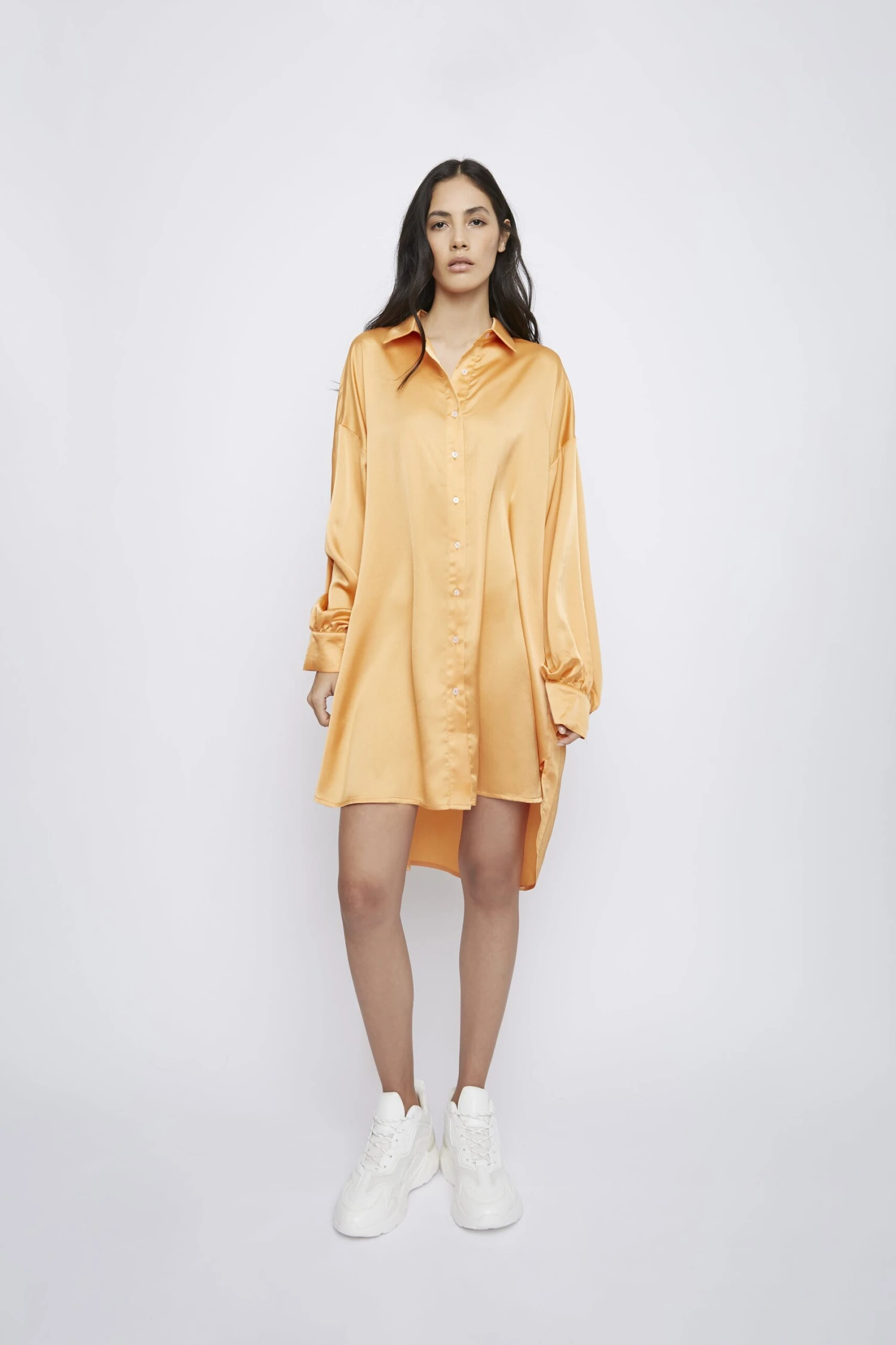 Glamorous Light Orange Oversized Satin Shirt Dress - Image 3