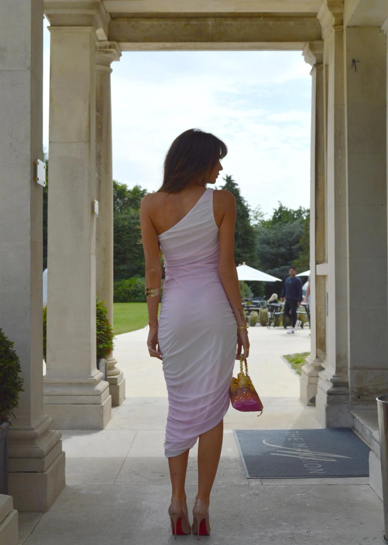 Glamorous Pink-White Ombre Mesh Asymmetric Ruched Midaxi-Dress - Image 2