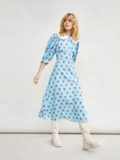 Glamorous Rose Trellis Pattern White Collar Midi Dress