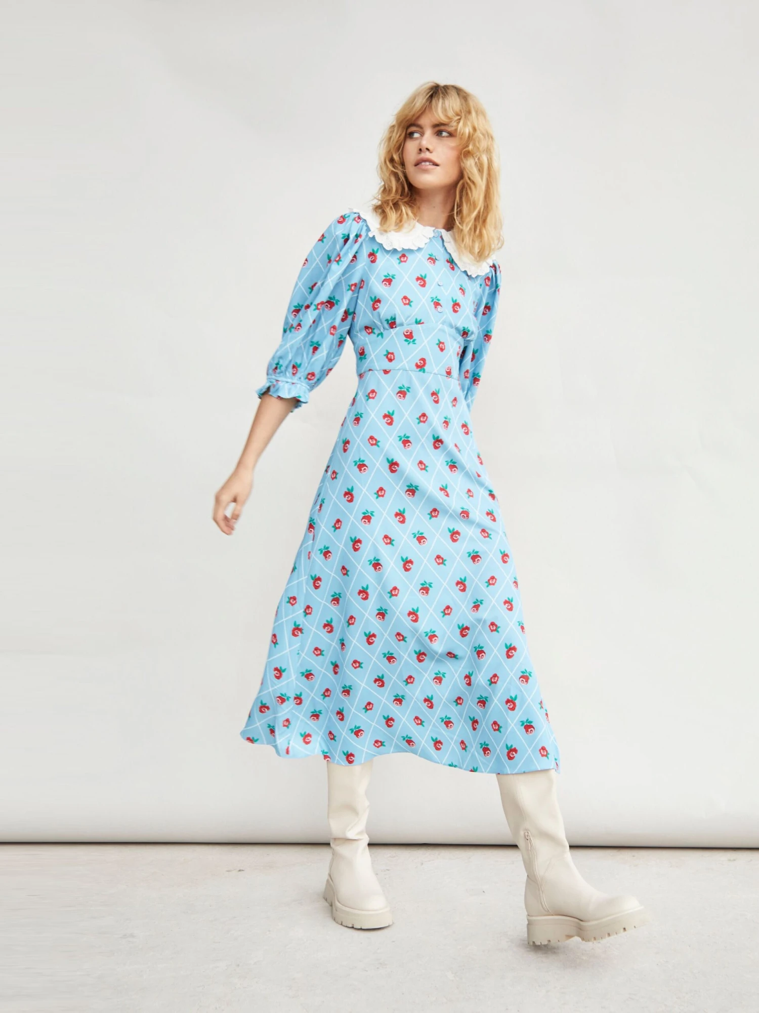 Glamorous Rose Trellis Pattern White Collar Midi Dress