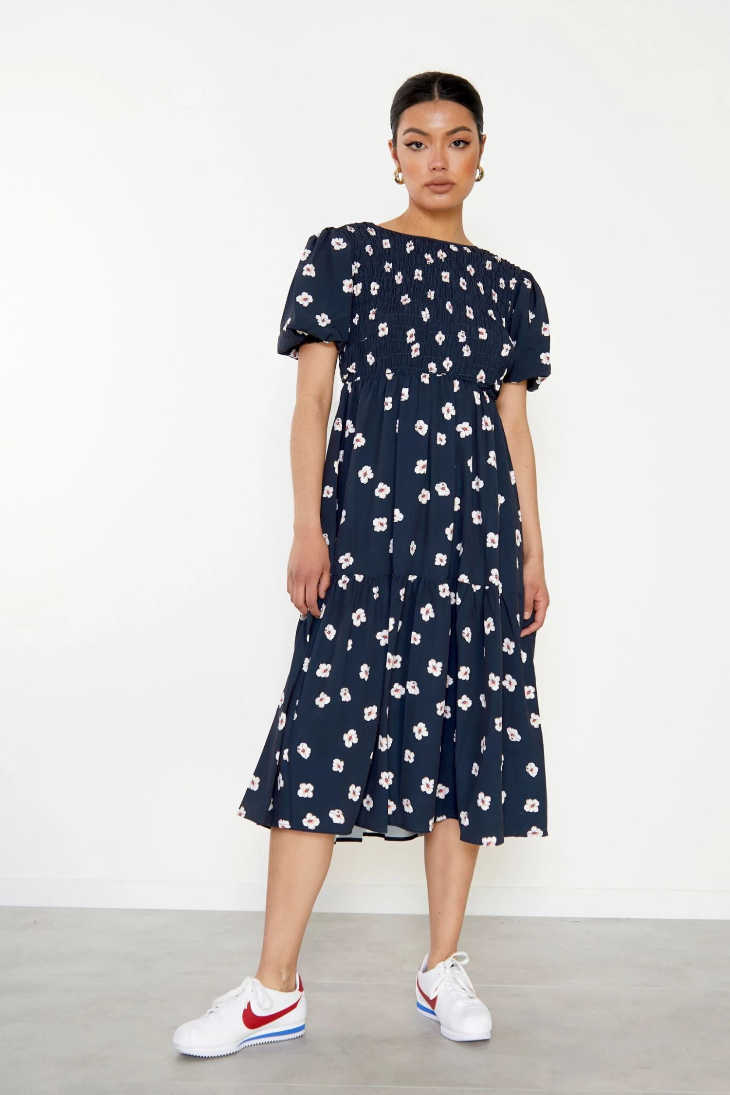 Glamorous Navy Hibiscus Short Sleeve Midi Dress
