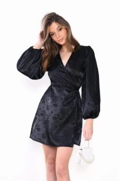 Glamorous Black-Satin Jacquard Wrap Mini-Dress