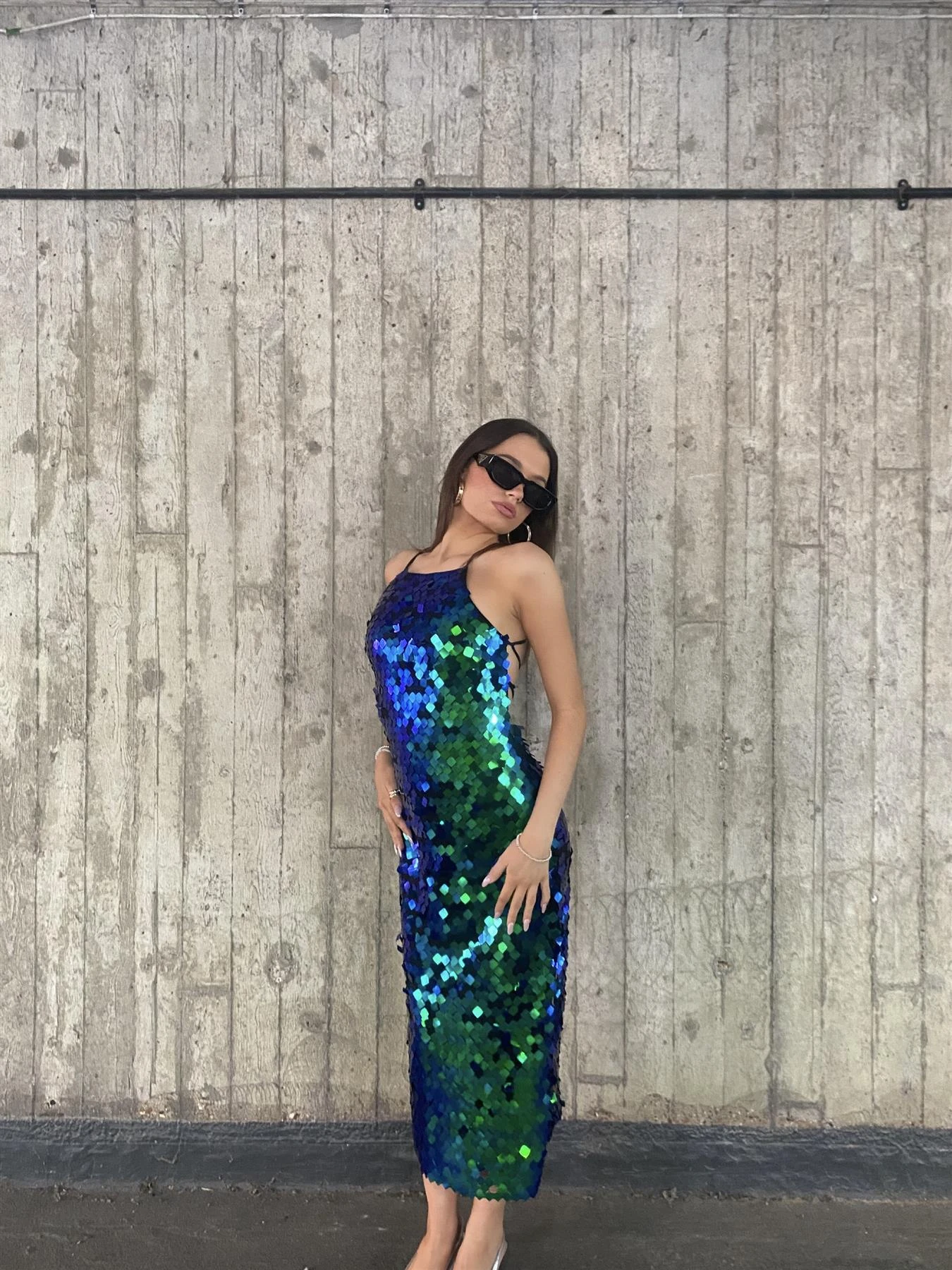 Glamorous Taylor Lace-Up Back Halterneck Midi Dress -Cobalt Sequin-Mix - Image 6