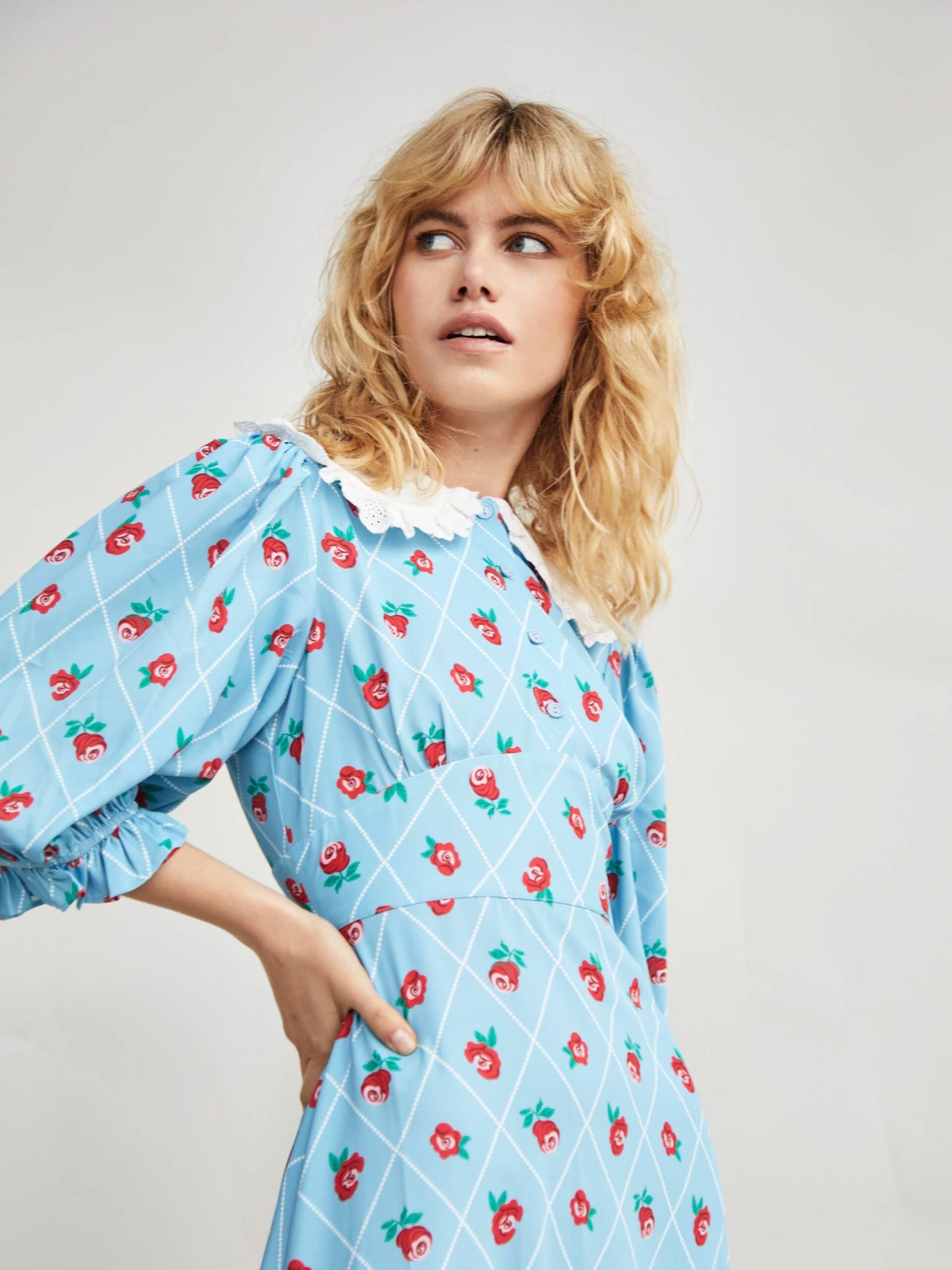 Glamorous Rose Trellis Pattern White Collar Midi Dress - Image 2