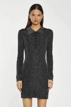 Glamorous Black-Silver Rib Button-Up Collar Mini-Dress