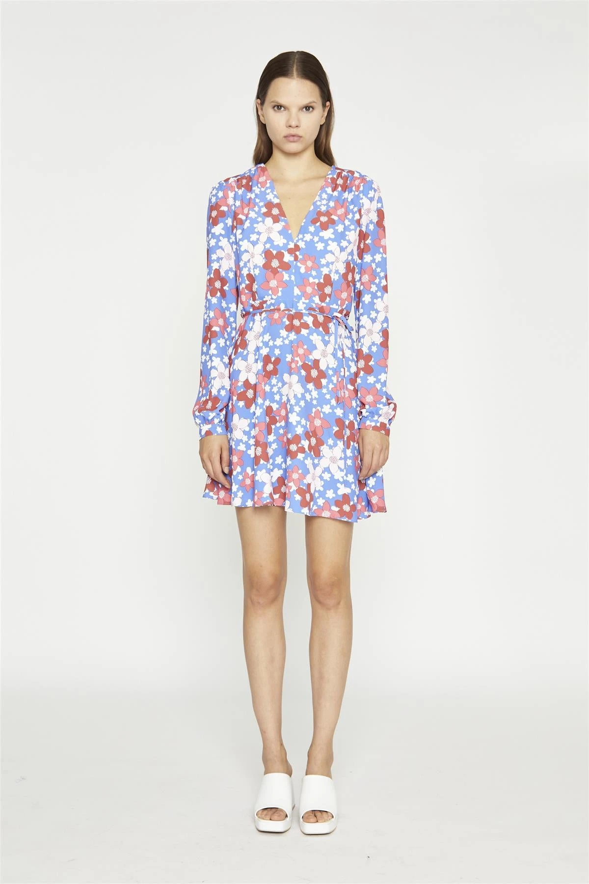 Glamorous Blue-Red Flower V-Neck Mini-Dress - Image 4