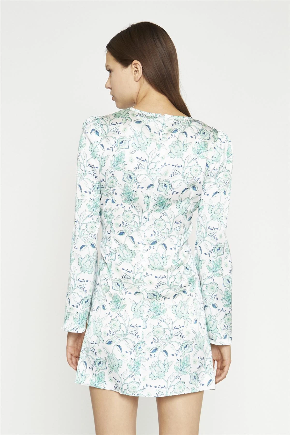 Glamorous White-Mint Paisley Satin Gathered Keyhole Mini-Dress - Image 5