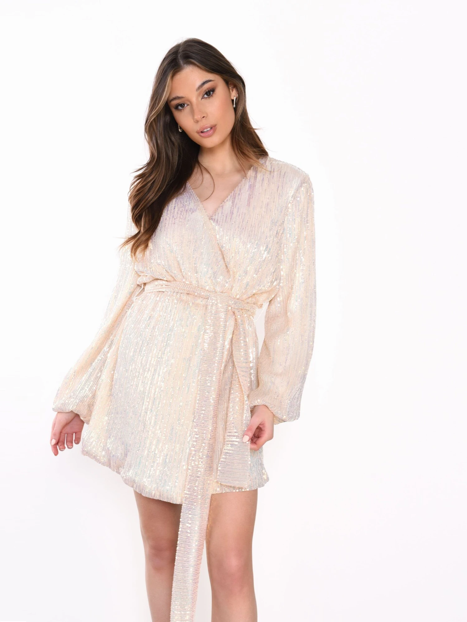 Glamorous Nude Iridescent Sequin Tie Waist Wrap Mini Dress - Image 4
