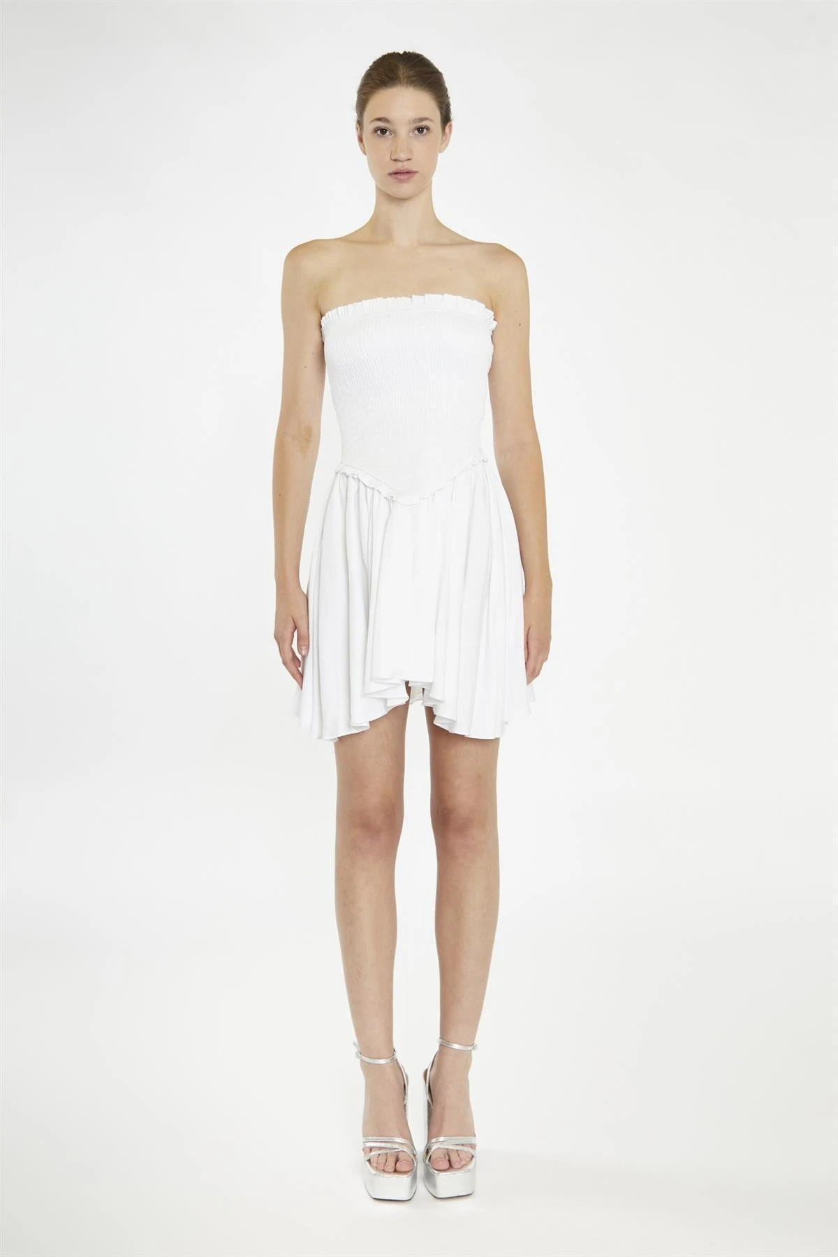 Glamorous White Strapless Smocked Mini-Dress - Image 3