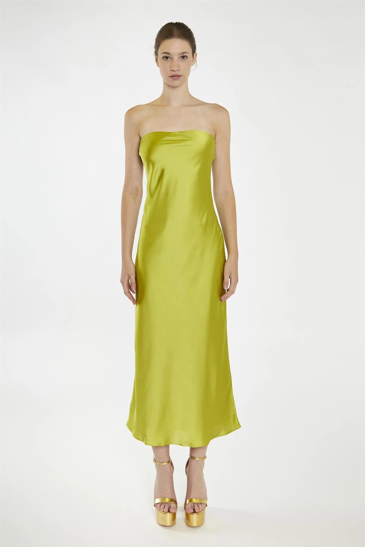 Glamorous Citrus-Green Strapless Bias-Cut Midaxi-Dress - Image 3