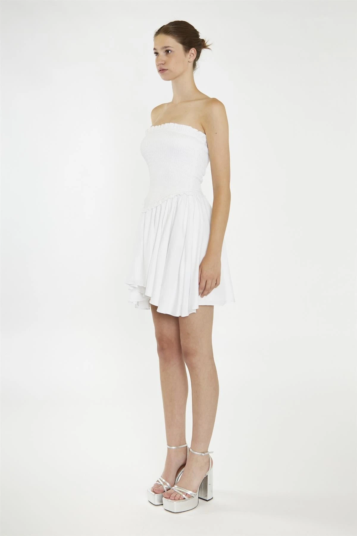 Glamorous White Strapless Smocked Mini-Dress - Image 4