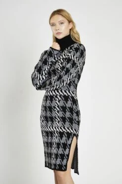 Glamorous Mono Tartan-Check Roll-Neck Jumper Midi-Dress