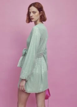 Glamorous Alice Tie-Waist Sequin Mini-Dress -Apple-Green Sequin