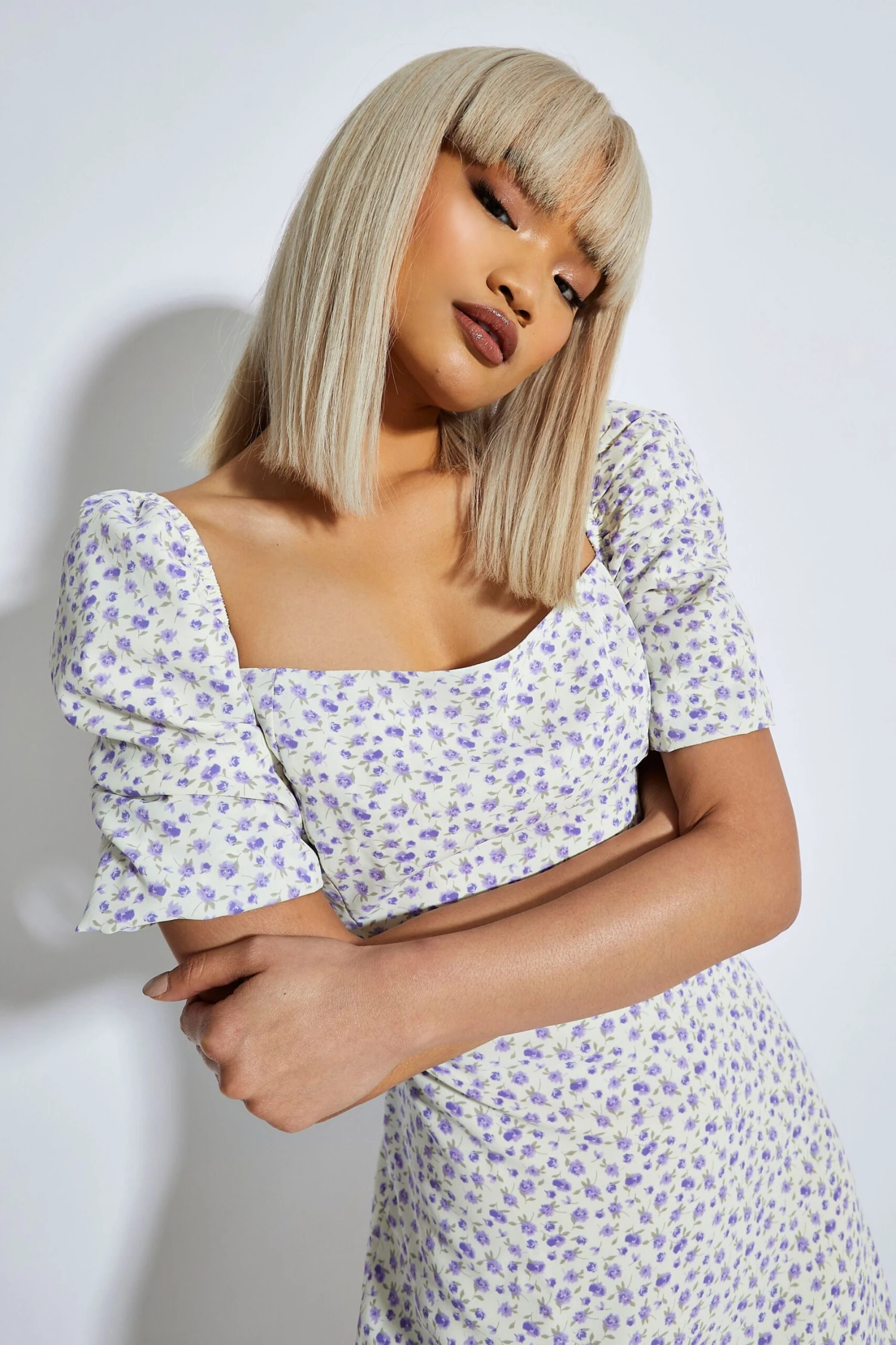 Glamorous Purple Floral Ditsy Bardot Puff Shoulder Mini Dress - Image 3