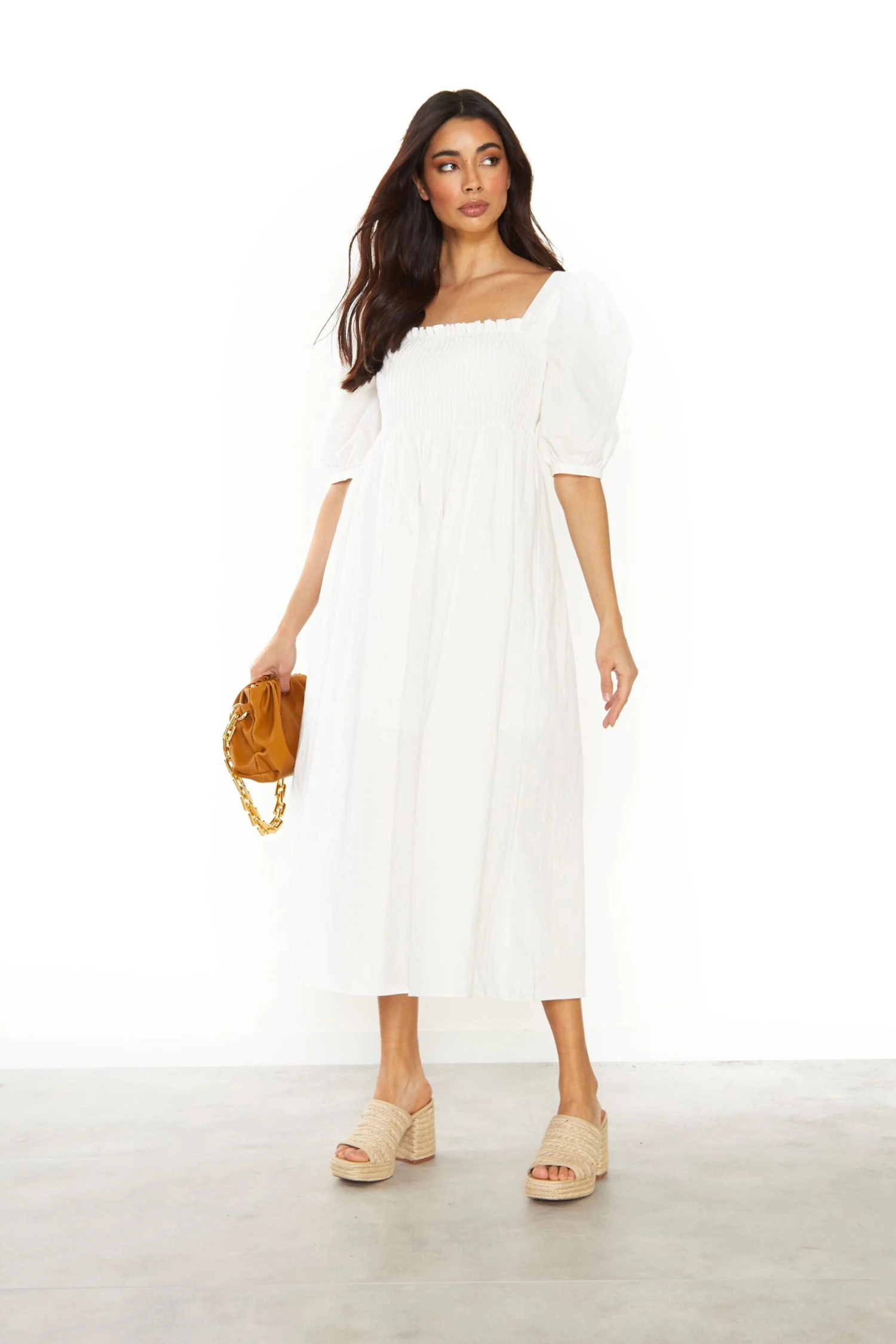 Glamorous Off White Square Neck Short Sleeve Midi Dress - Image 3