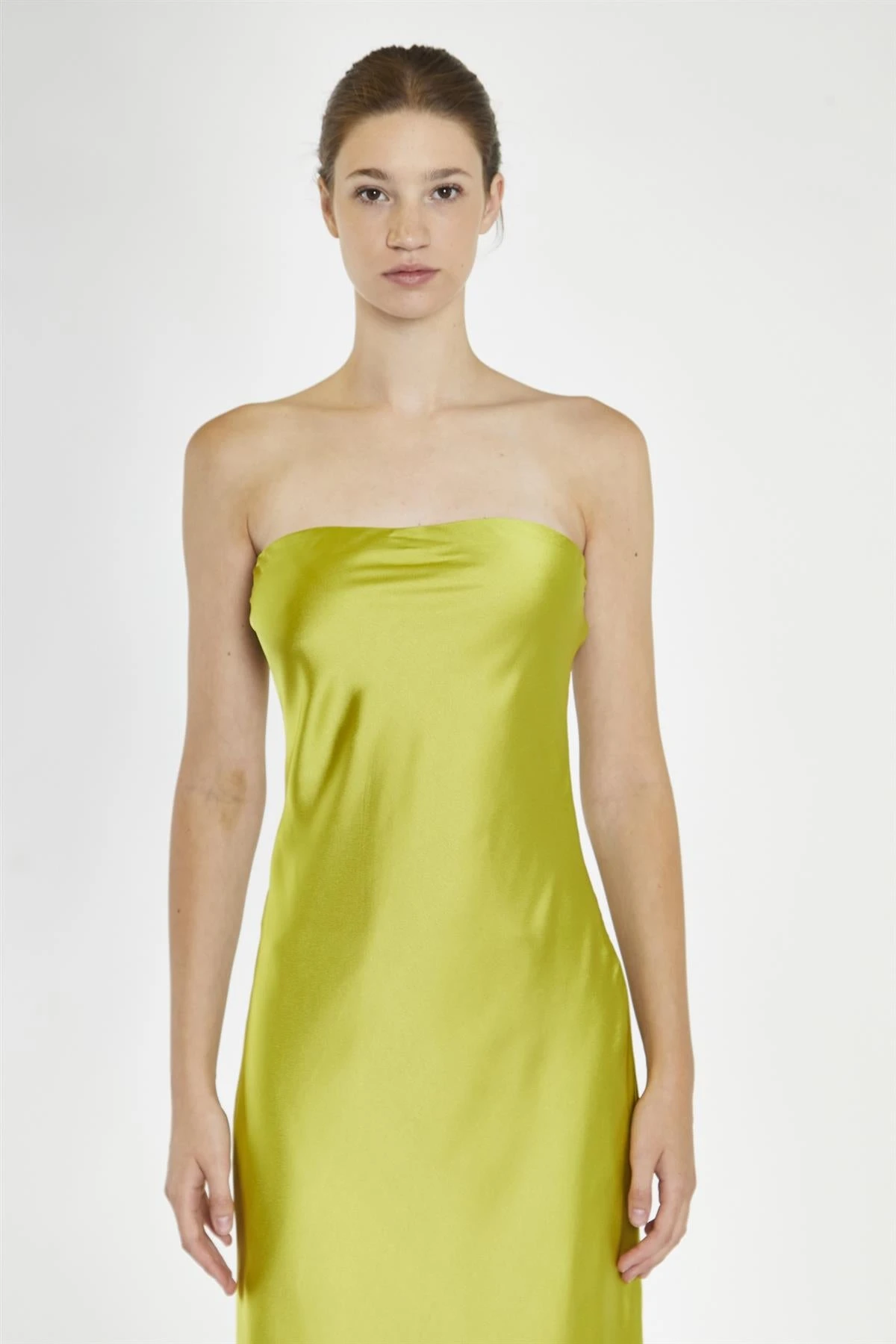 Glamorous Citrus-Green Strapless Bias-Cut Midaxi-Dress