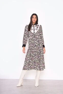 Glamorous Navy Folk Floral Black Collar Midi Dress