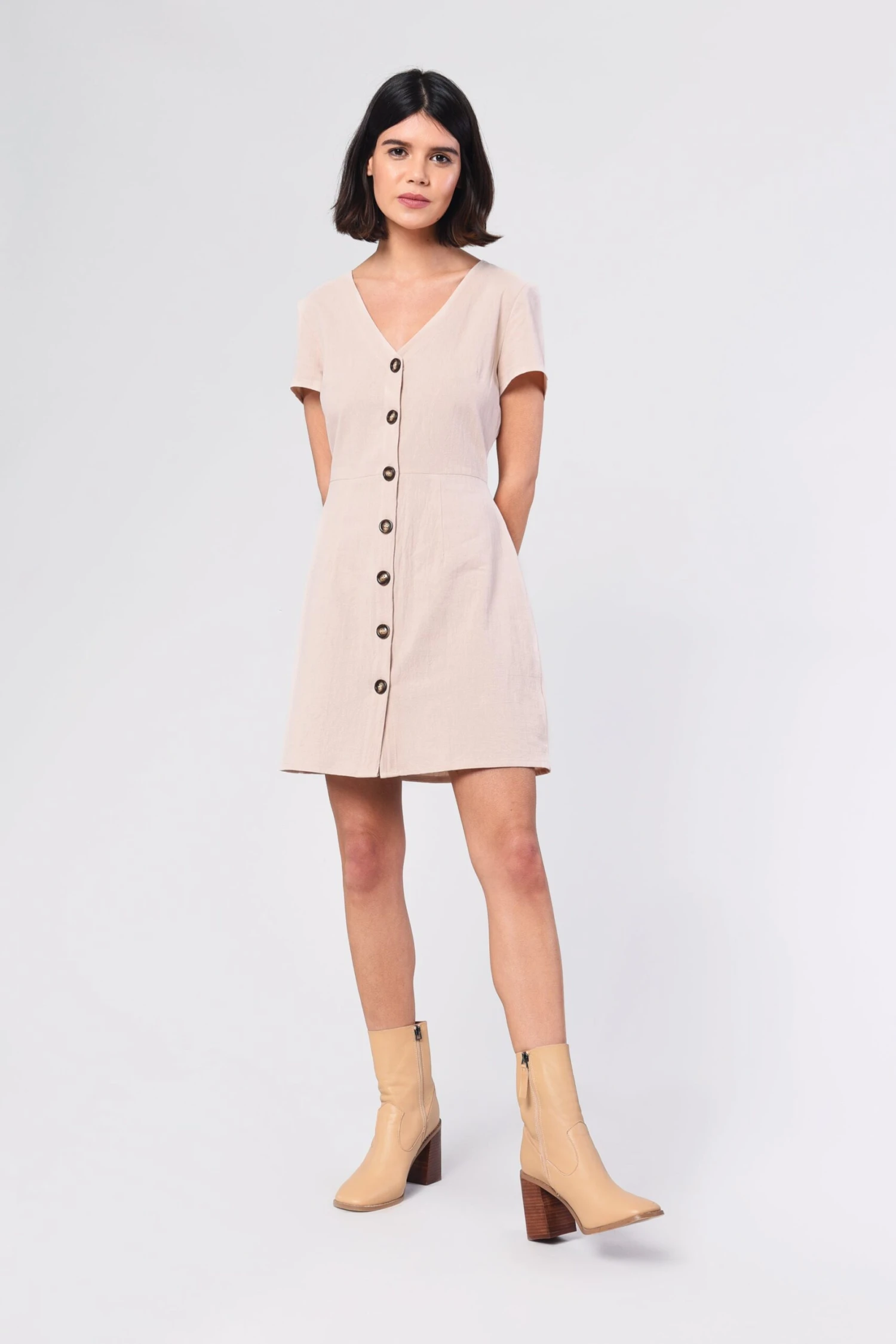Glamorous Stone Button Front Short Sleeve Mini Dress - Image 3