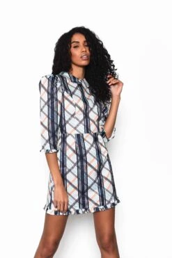Glamorous White Black Multi Check Collared Puff Sleeve Mini Dress With Ruffle Hem Detail