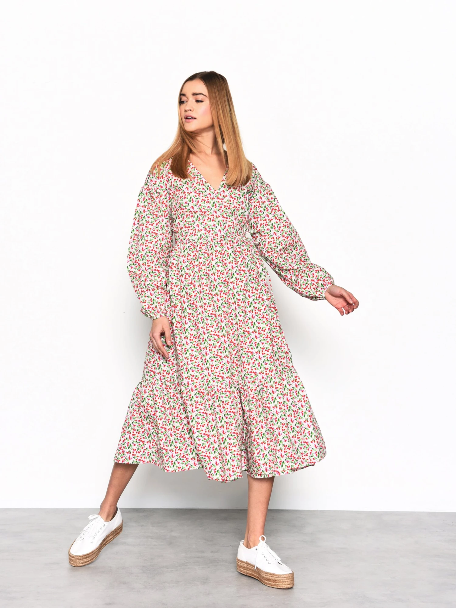Glamorous Multi White Cherry Print Wrap Midi Dress