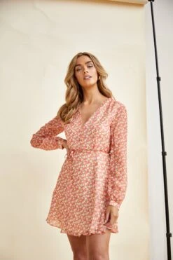 Glamorous Low V-Neck Mini Dress With Long Sleeves & Waist Tie