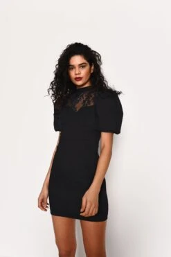 Glamorous Black Puff Sleeve Mini Dress With Contrasting Lace Panel