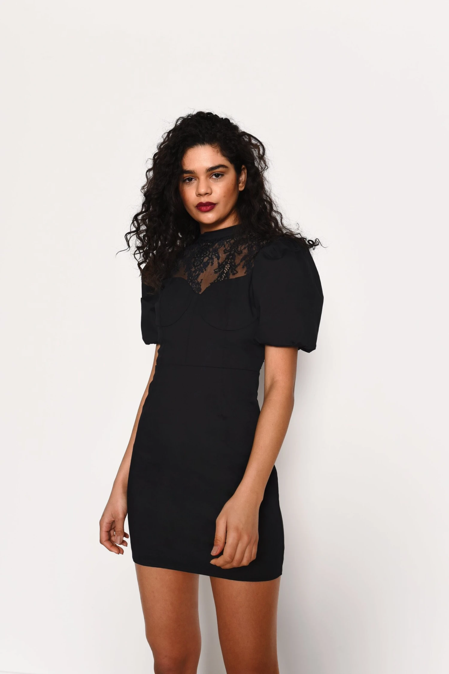 Glamorous Black Puff Sleeve Mini Dress With Contrasting Lace Panel