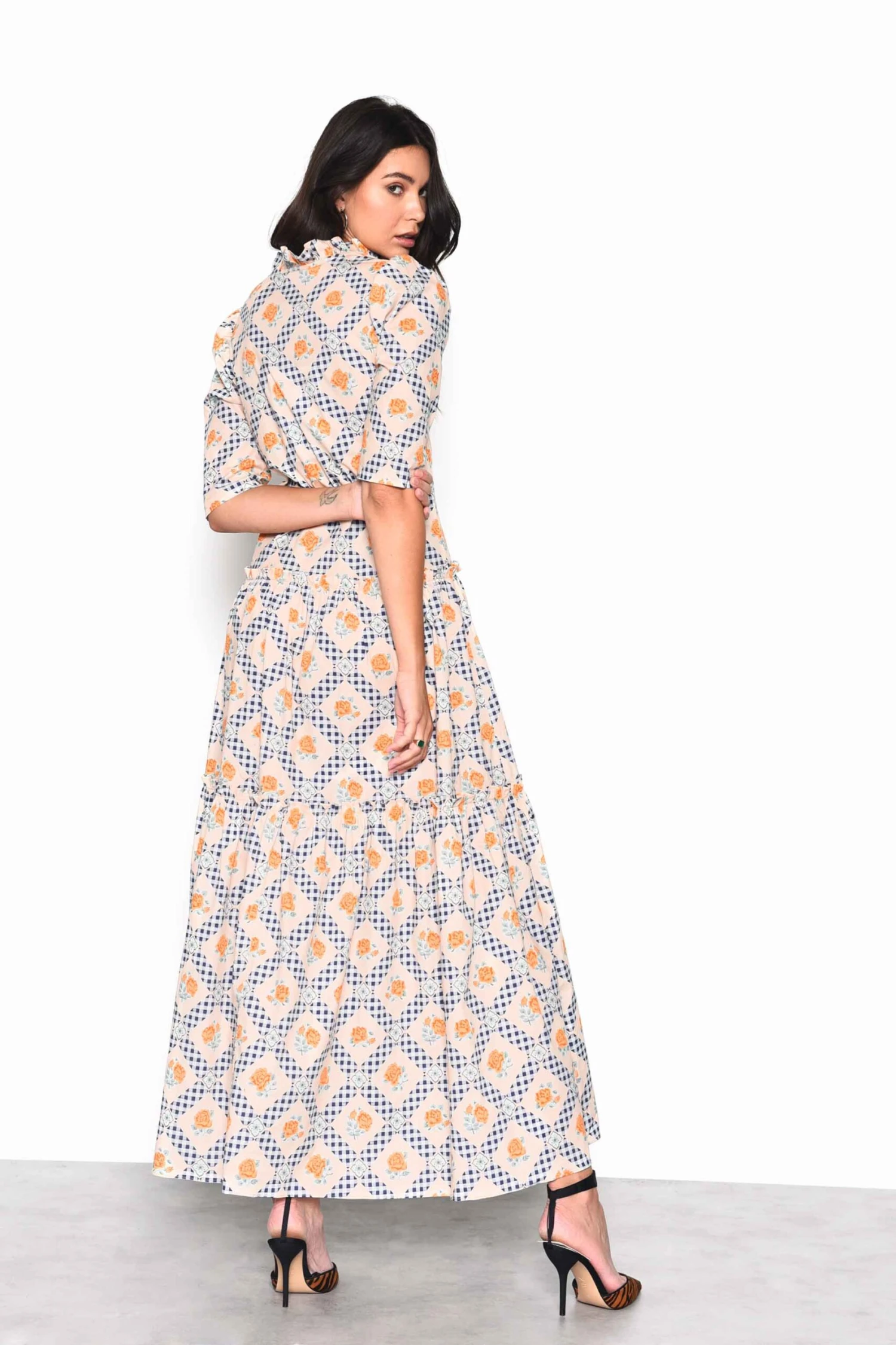 Glamorous Floral Cottage Gingham Tiered Maxi Dress With Frill Neck - Image 2