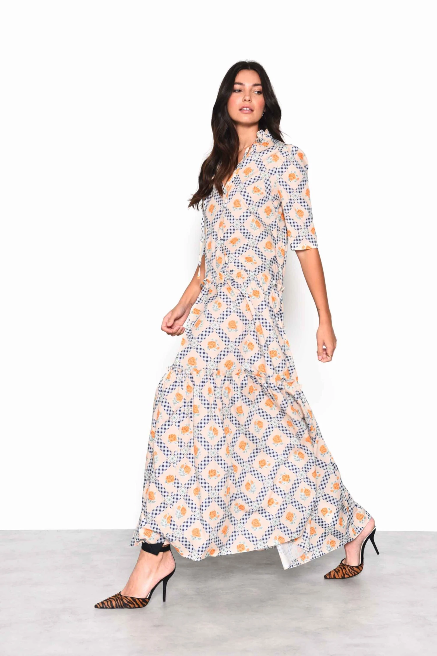 Glamorous Floral Cottage Gingham Tiered Maxi Dress With Frill Neck - Image 3