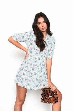 Glamorous Green Floral Button Down Mini Tea Dress With Collar
