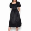 Glamorous Black Satin Puff Sleeve Square Neck Midi Dress