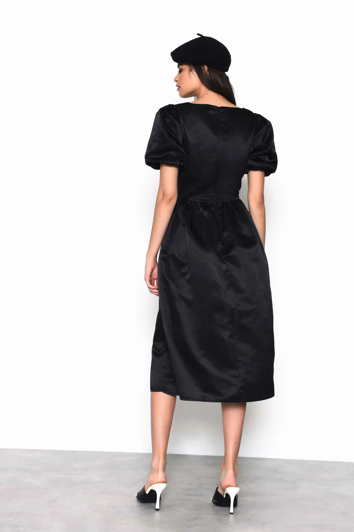 Glamorous Black Satin Puff Sleeve Square Neck Midi Dress - Image 2