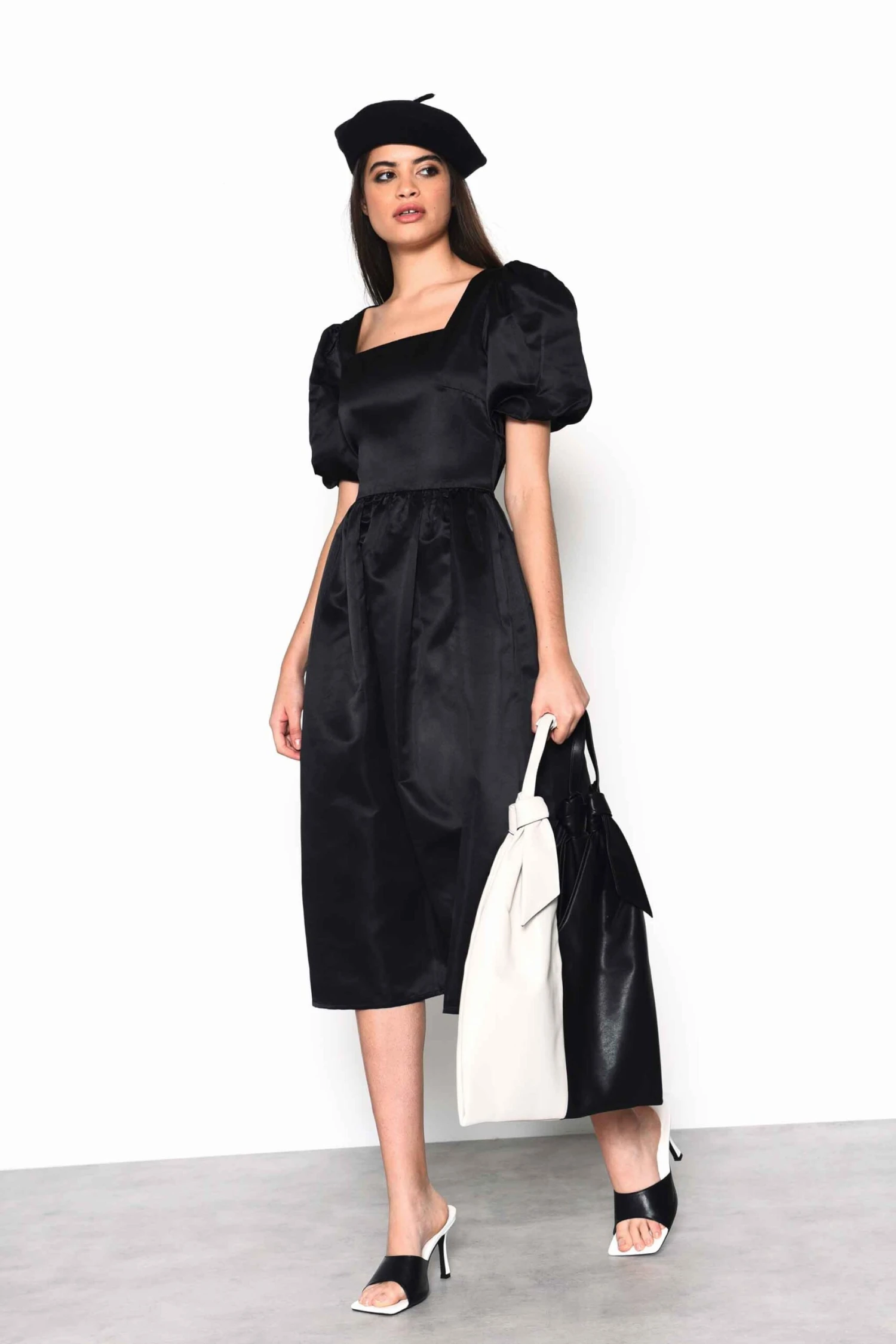 Glamorous Black Satin Puff Sleeve Square Neck Midi Dress - Image 3