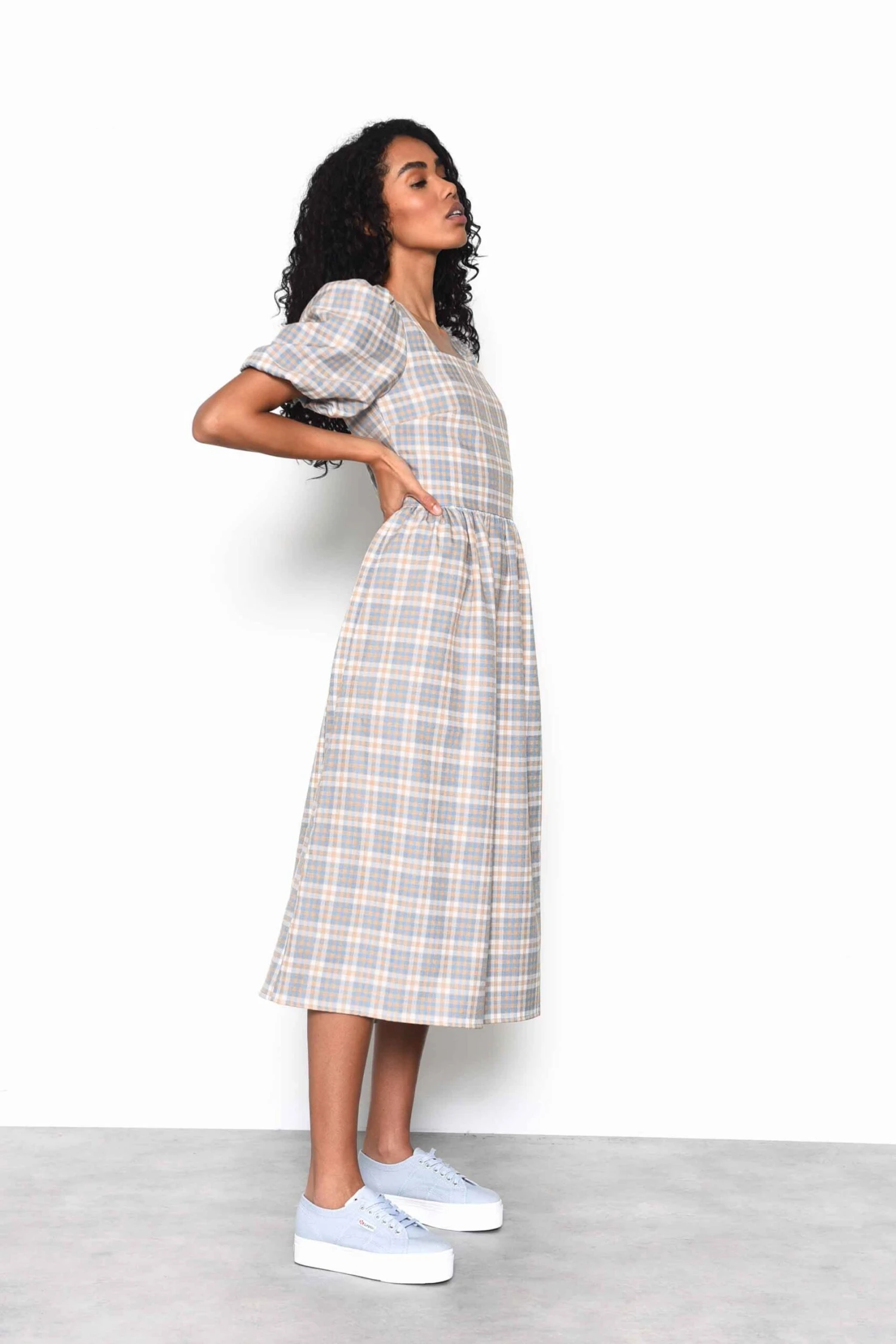 Glamorous Light Blue Multi Check Square Neck Puff Sleeve Midi Dress - Image 3