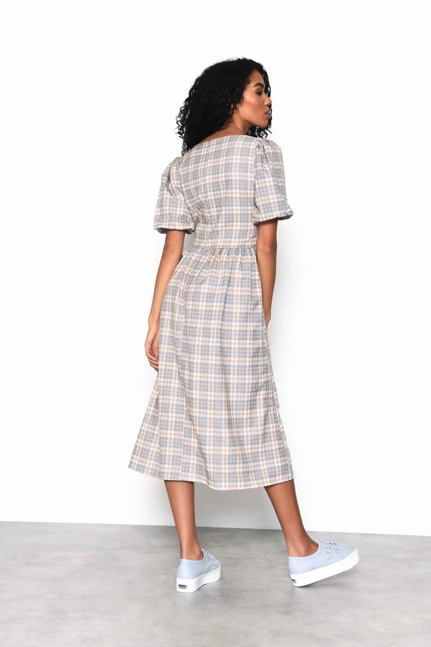 Glamorous Light Blue Multi Check Square Neck Puff Sleeve Midi Dress - Image 2