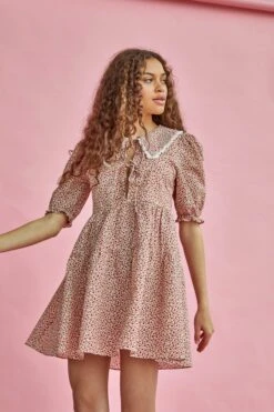 Glamorous Red Pink Ditsy Statement Collar Smocked Mini Dress