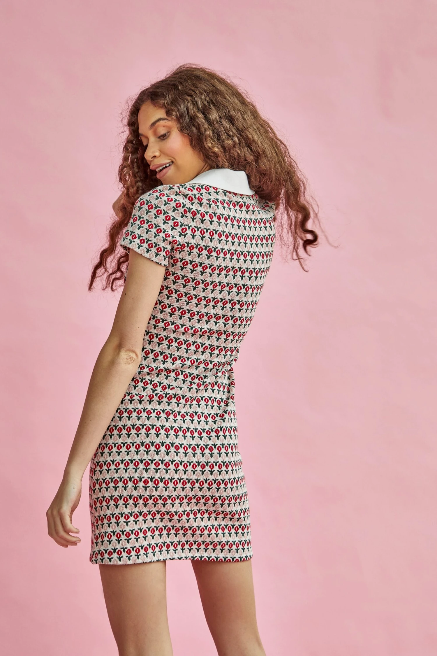 Glamorous Red Multi Flower Fitted Mini Dress With Collar - Image 2