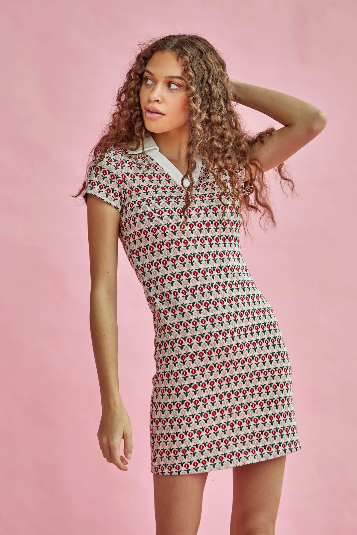 Glamorous Red Multi Flower Fitted Mini Dress With Collar