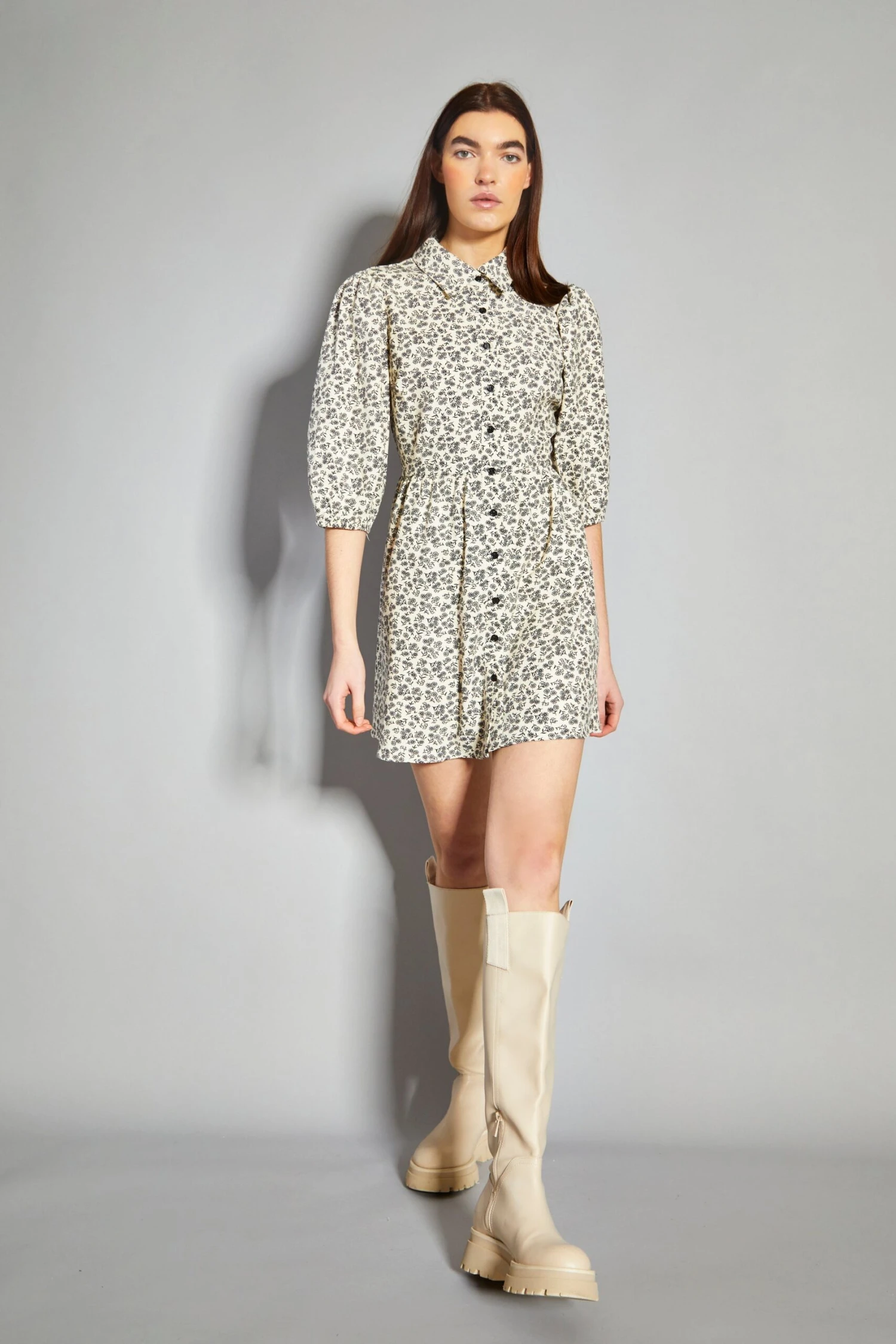 Glamorous Cream Floral Skater Shirt Dress - Image 3
