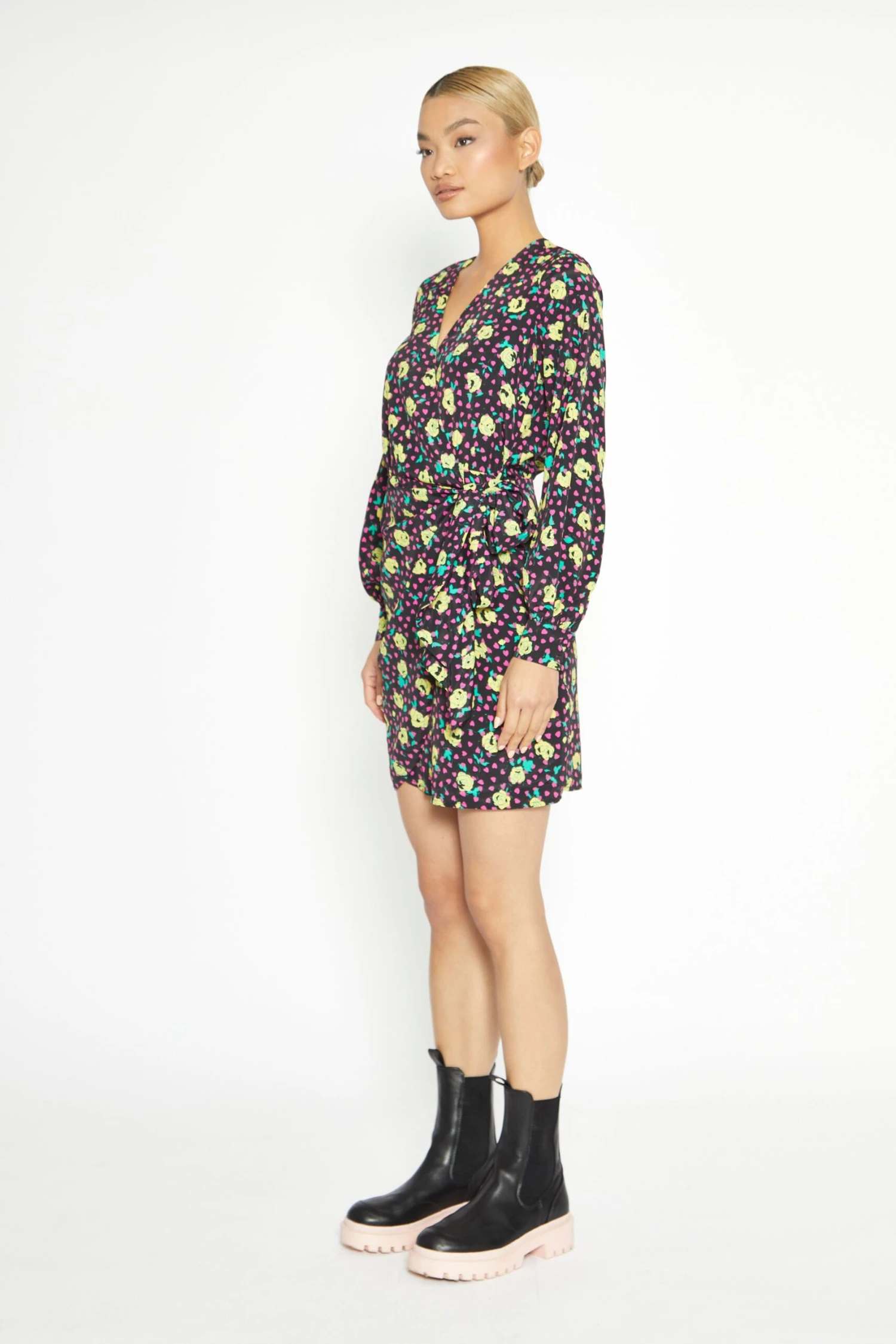 Glamorous Black Multi Rose Mini Wrap Dress - Image 3