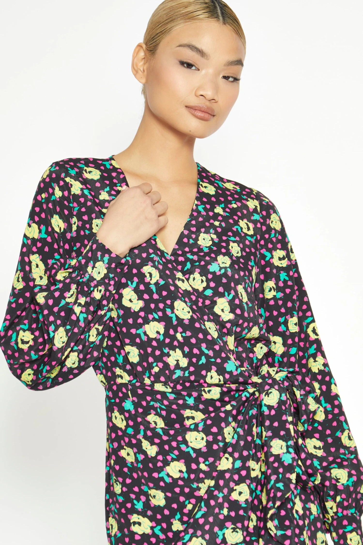 Glamorous Black Multi Rose Mini Wrap Dress - Image 2