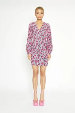 Glamorous Pink Multi Rose Mini Wrap Dress