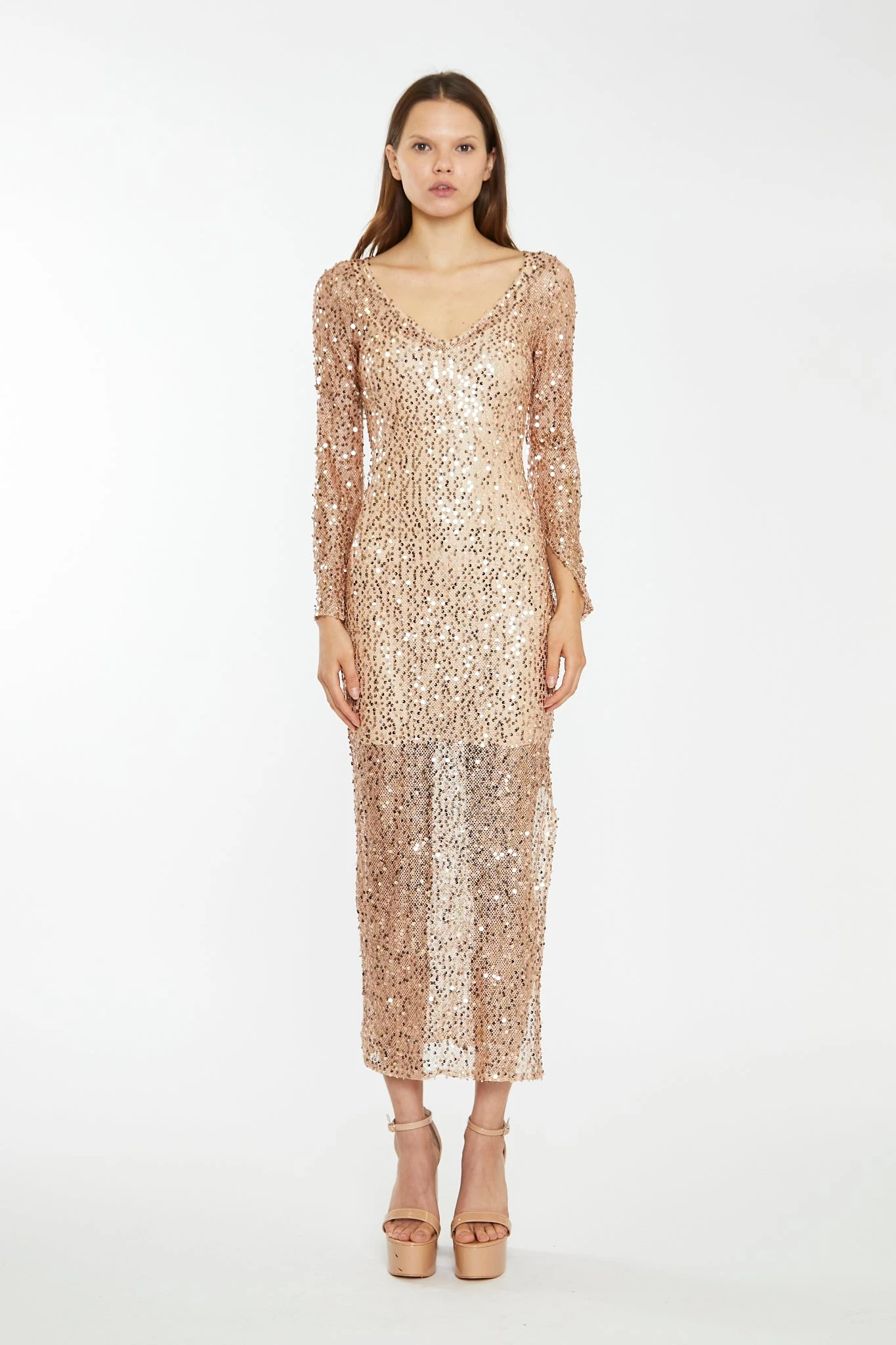 Glamorous Rose-Gold Sequin Mesh V-Neck Maxi-Dress