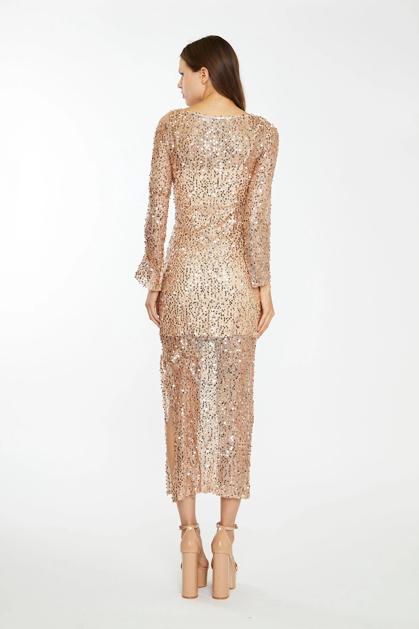 Glamorous Rose-Gold Sequin Mesh V-Neck Maxi-Dress - Image 2