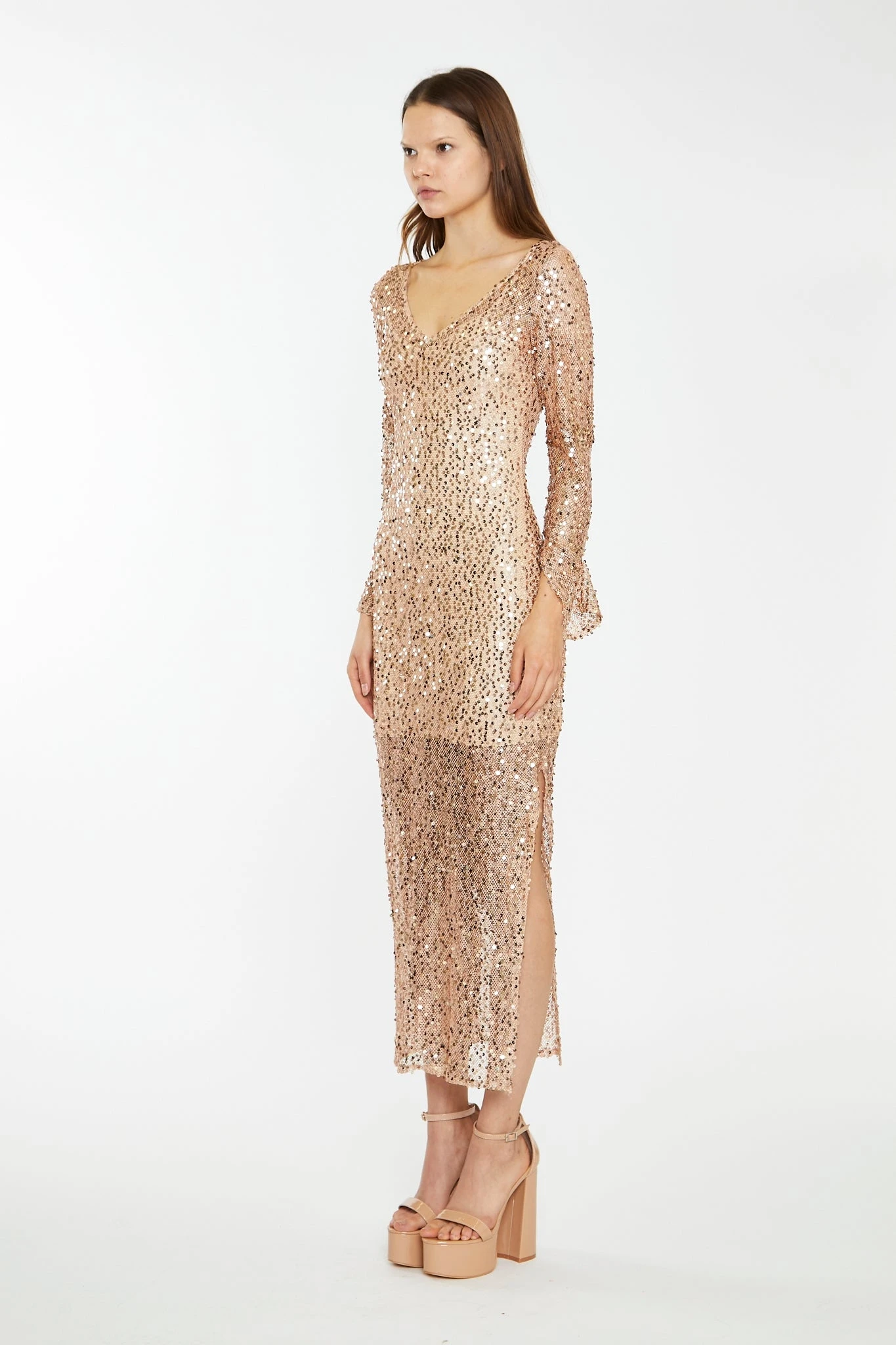 Glamorous Rose-Gold Sequin Mesh V-Neck Maxi-Dress - Image 4