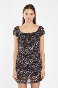 Glamorous Black Fruit-Print Mesh Milkmaid Mini-Dress