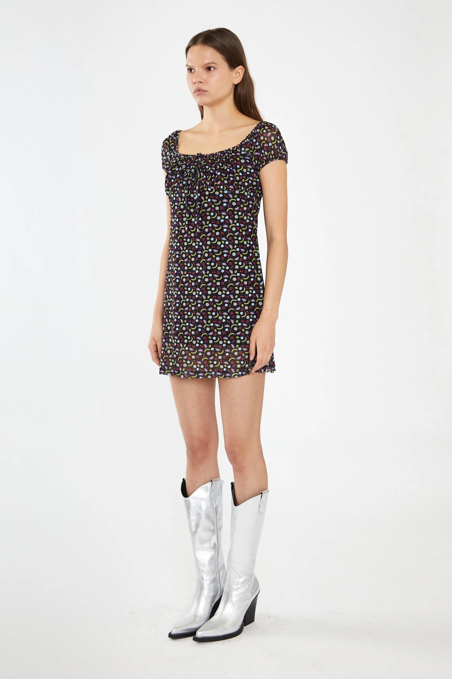 Glamorous Black Fruit-Print Mesh Milkmaid Mini-Dress - Image 4