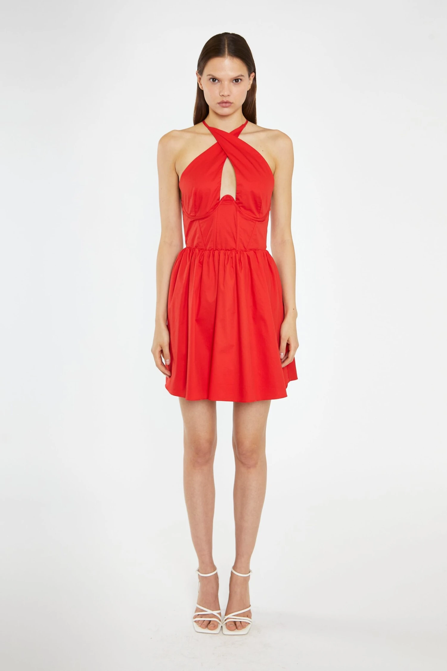 Glamorous Poppy-Red Cross-Over Halterneck Corset Mini-Dress - Image 3