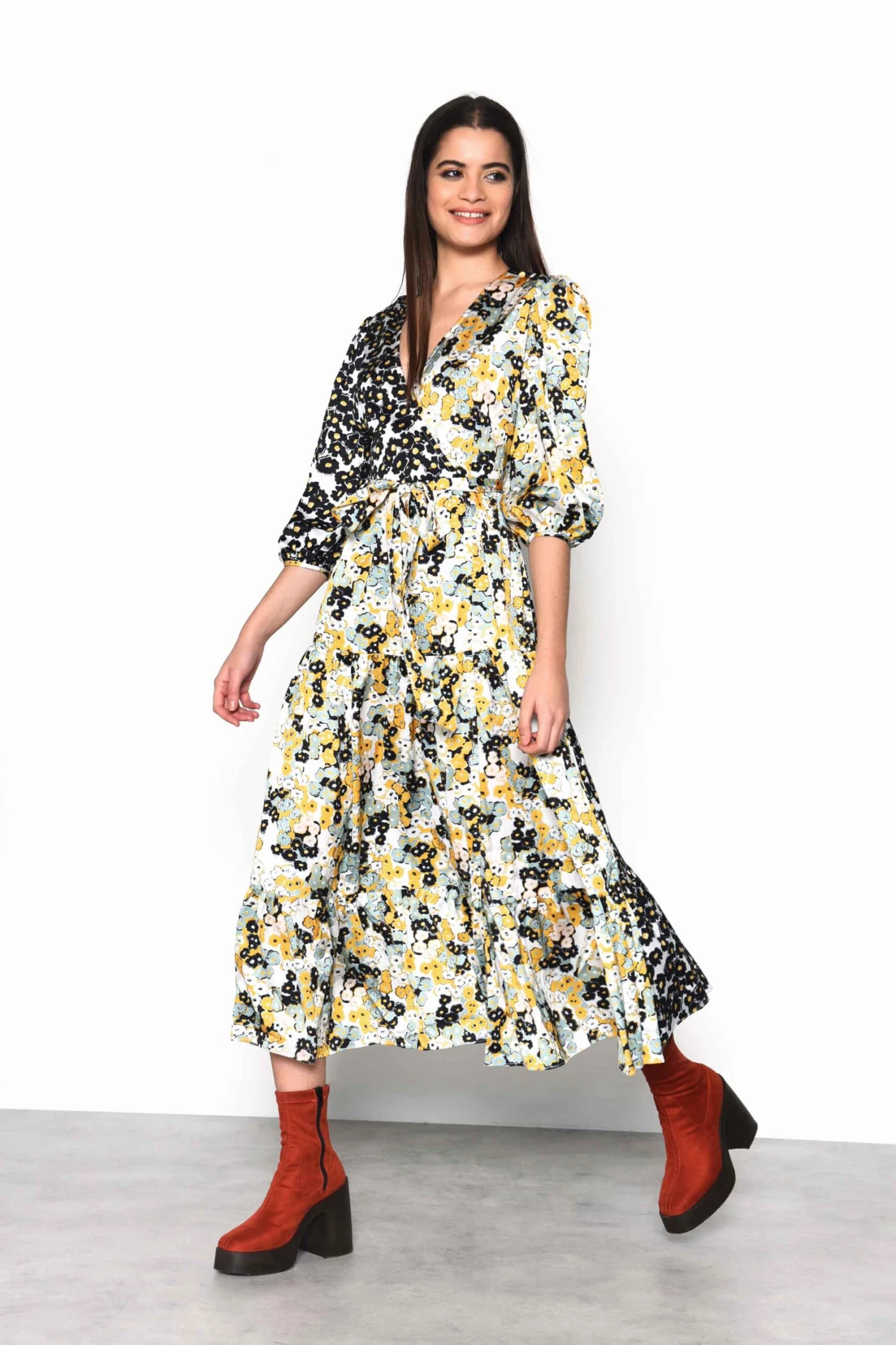 Glamorous Mono Mustard Floral Wrap Front Tiered Midaxi Dress